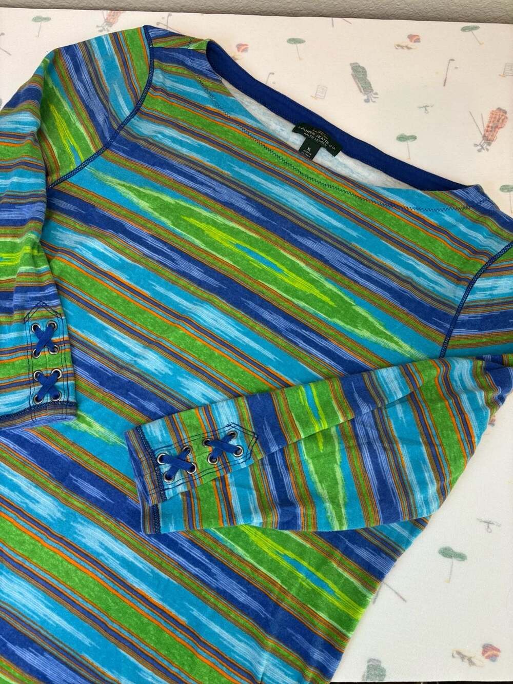 Ralph Lauren LRL Colorful Striped 3/4 Sleeve Top with Lace-Up Cuffs Size XL